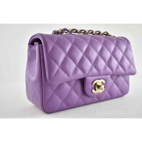 Chanel 22P Purple Gold Chain Mini Flap Rectangle CC Logo Quilted Crossbody Bag - Picture 5 of 12